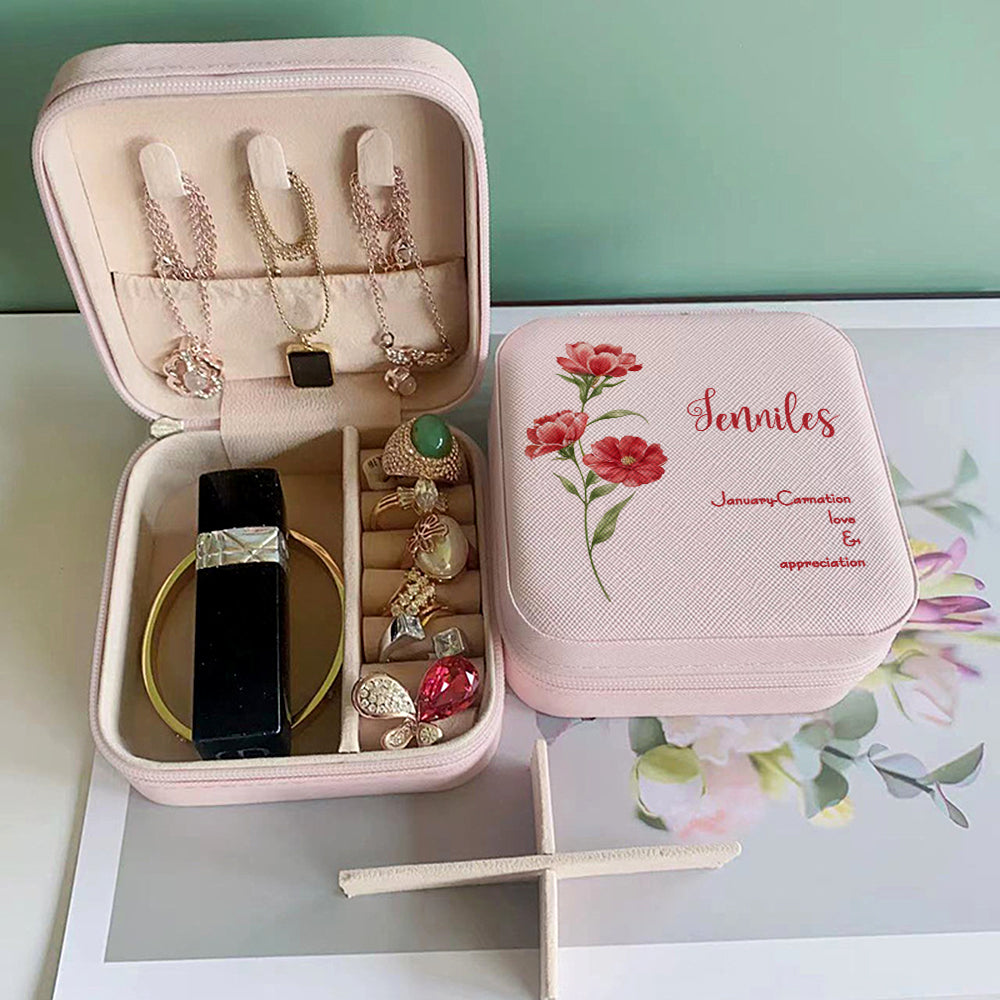 Personalized Birth Flower Leather Jewelry Box Bridesmaid Gift for Her