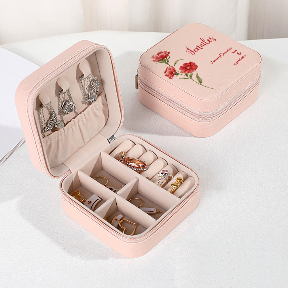 Personalized Birth Flower Leather Jewelry Box Bridesmaid Gift for Her
