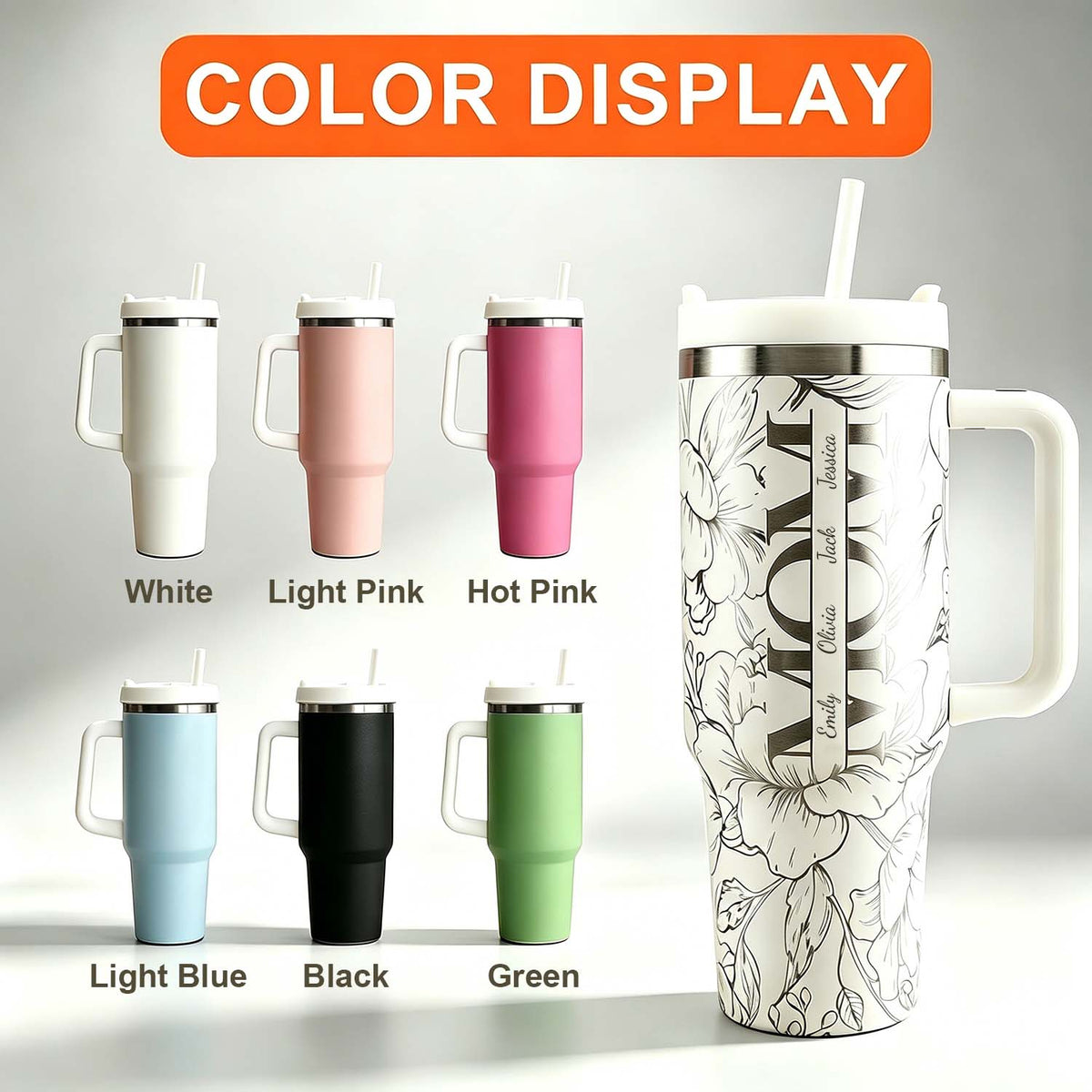 Custom Kids' Names  Tumbler Floral Mom Mother's Day Gifts Personalized 40oz Tumbler