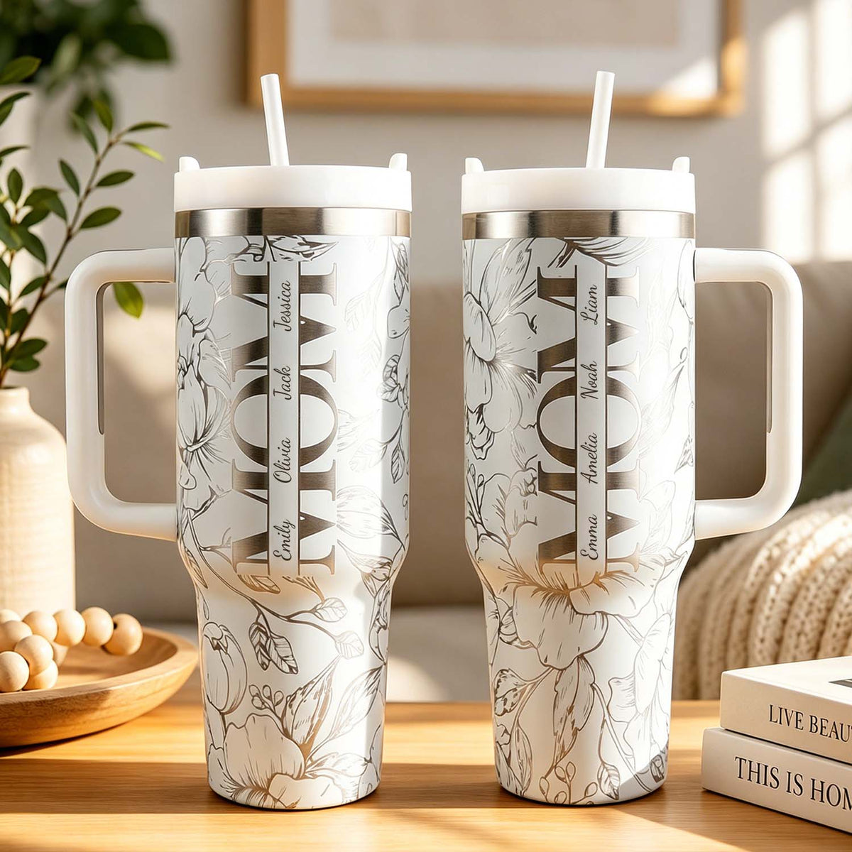 Custom Kids' Names  Tumbler Floral Mom Mother's Day Gifts Personalized 40oz Tumbler