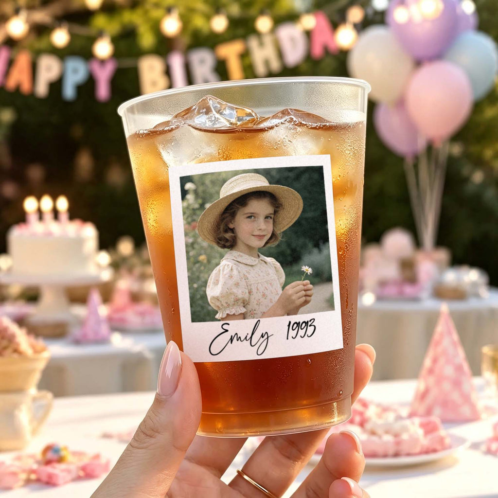 Personalized Vintage Party Cups With Photo Stickers – Custom Birthday Party Favor Cups