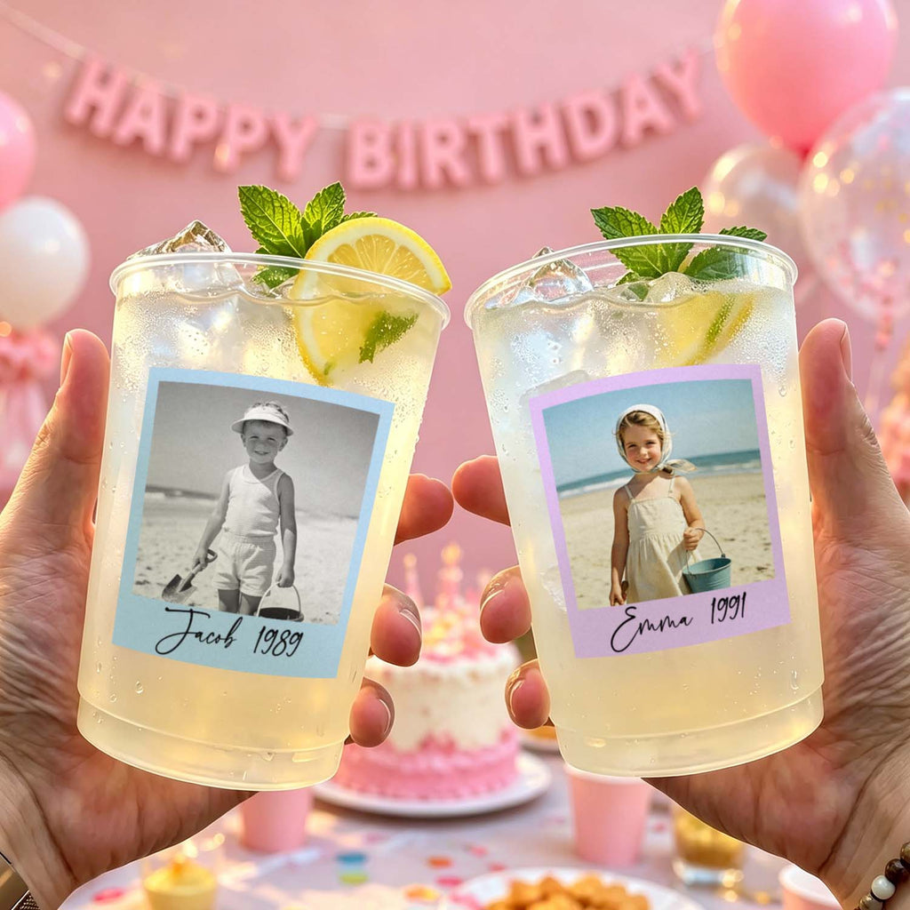 Personalized Vintage Party Cups With Photo Stickers – Custom Birthday Party Favor Cups