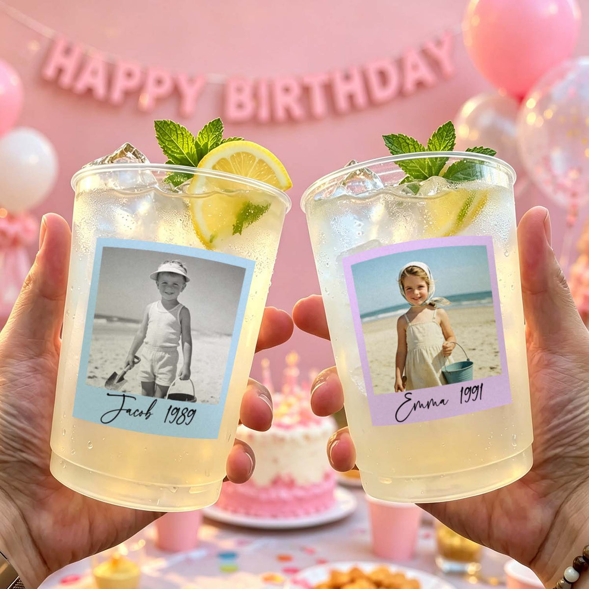 Personalized Vintage Party Cups With Photo Stickers – Custom Birthday Party Favor Cups