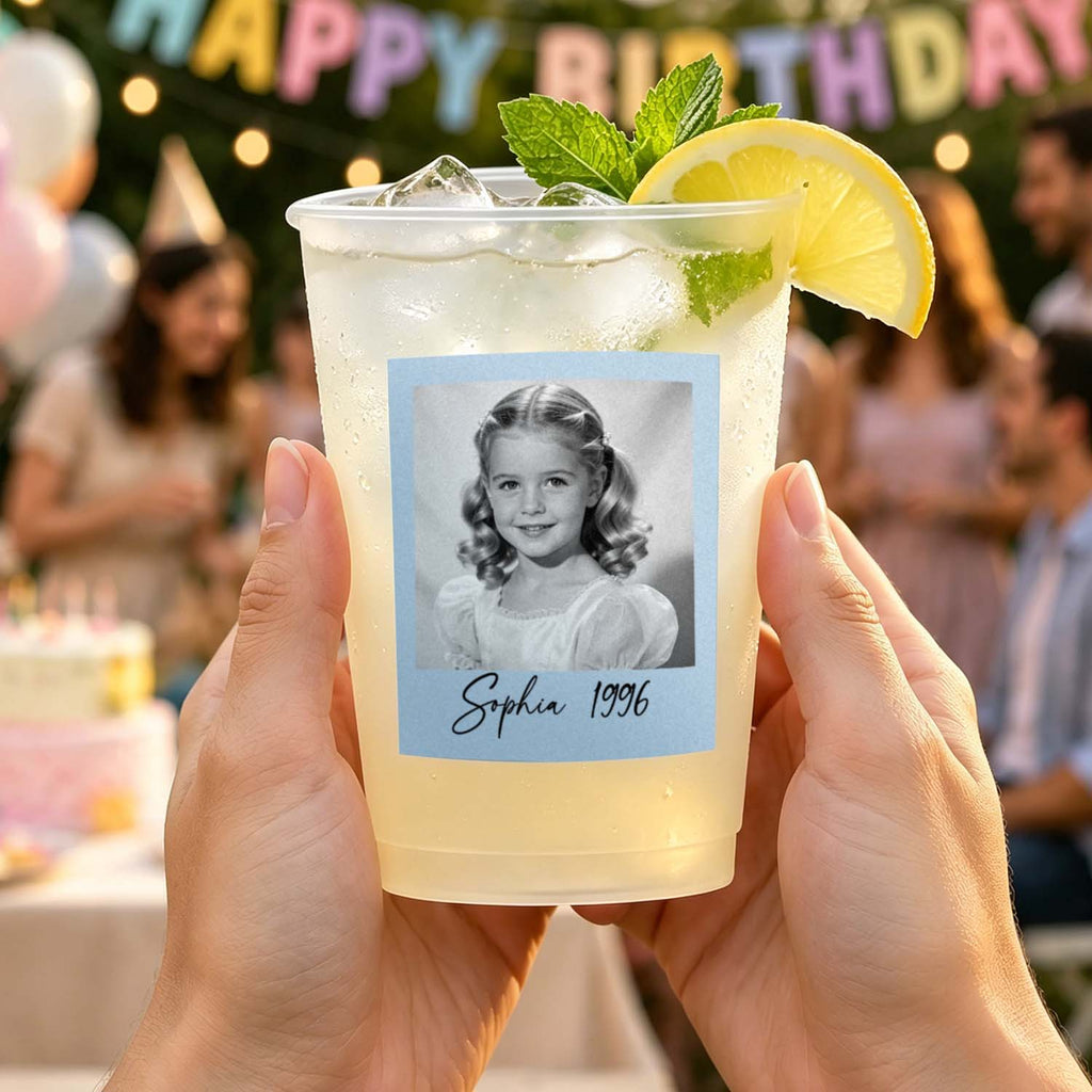 Personalized Vintage Party Cups With Photo Stickers – Custom Birthday Party Favor Cups
