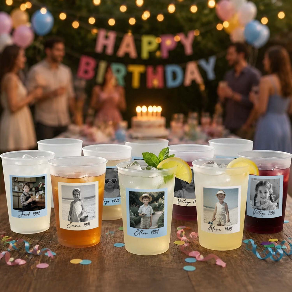 Personalized Vintage Party Cups With Photo Stickers – Custom Birthday Party Favor Cups