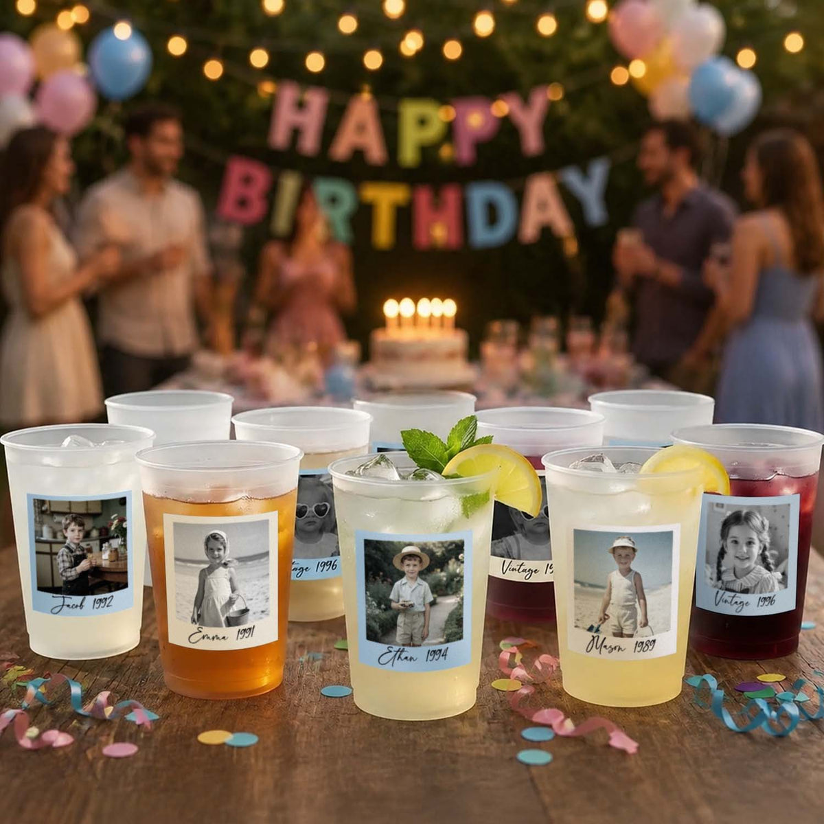 Personalized Vintage Party Cups With Photo Stickers – Custom Birthday Party Favor Cups