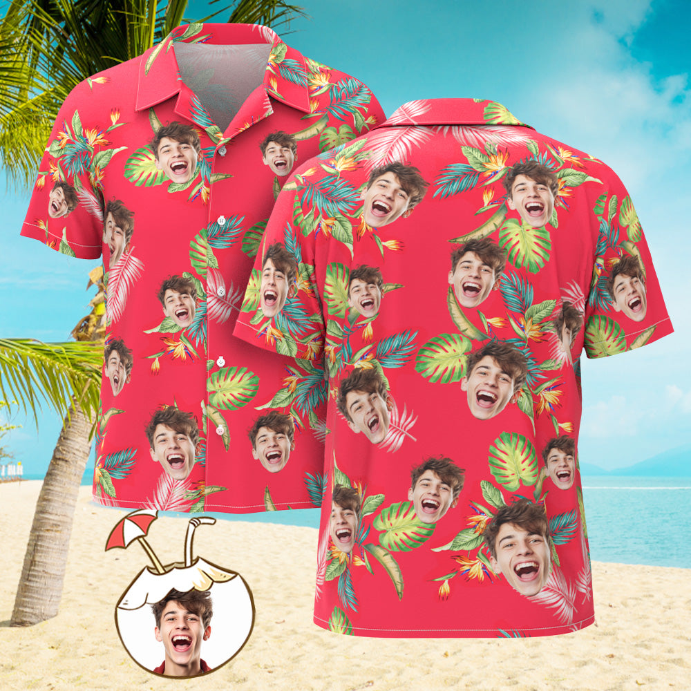 Custom Men's Shirt Face All Over Print  Hawaiian Shirt red Leaves