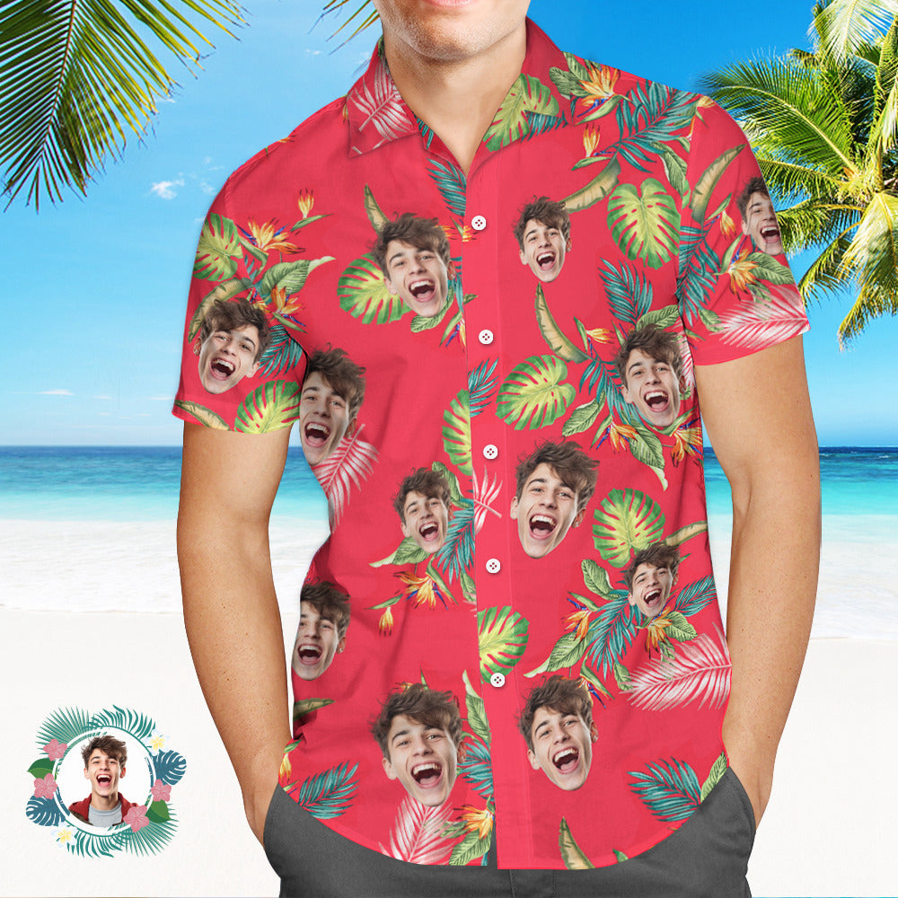 Custom Men's Shirt Face All Over Print  Hawaiian Shirt red Leaves