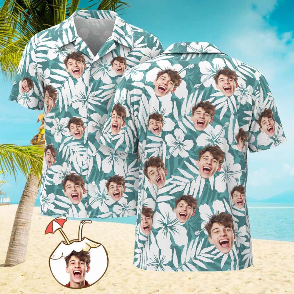 Custom Men's Shirt Face All Over Print Hawaiian Shirt White Green Large Leaves