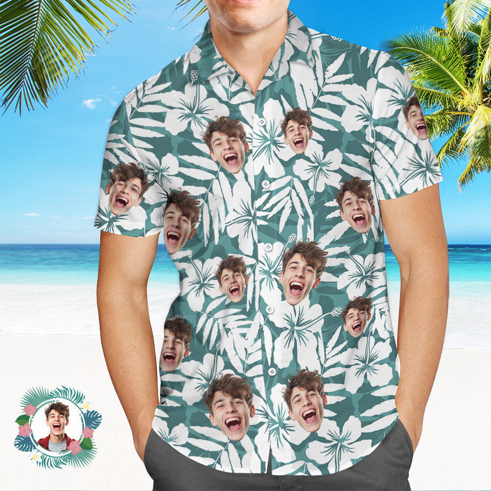 Custom Men's Shirt Face All Over Print Hawaiian Shirt White Green Large Leaves