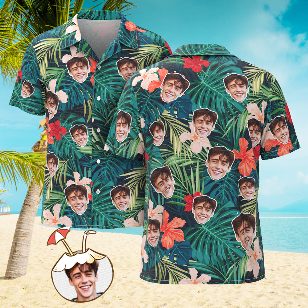 Custom Men's Shirt Face All Over Print Hawaiian Shirt Forest Tropical