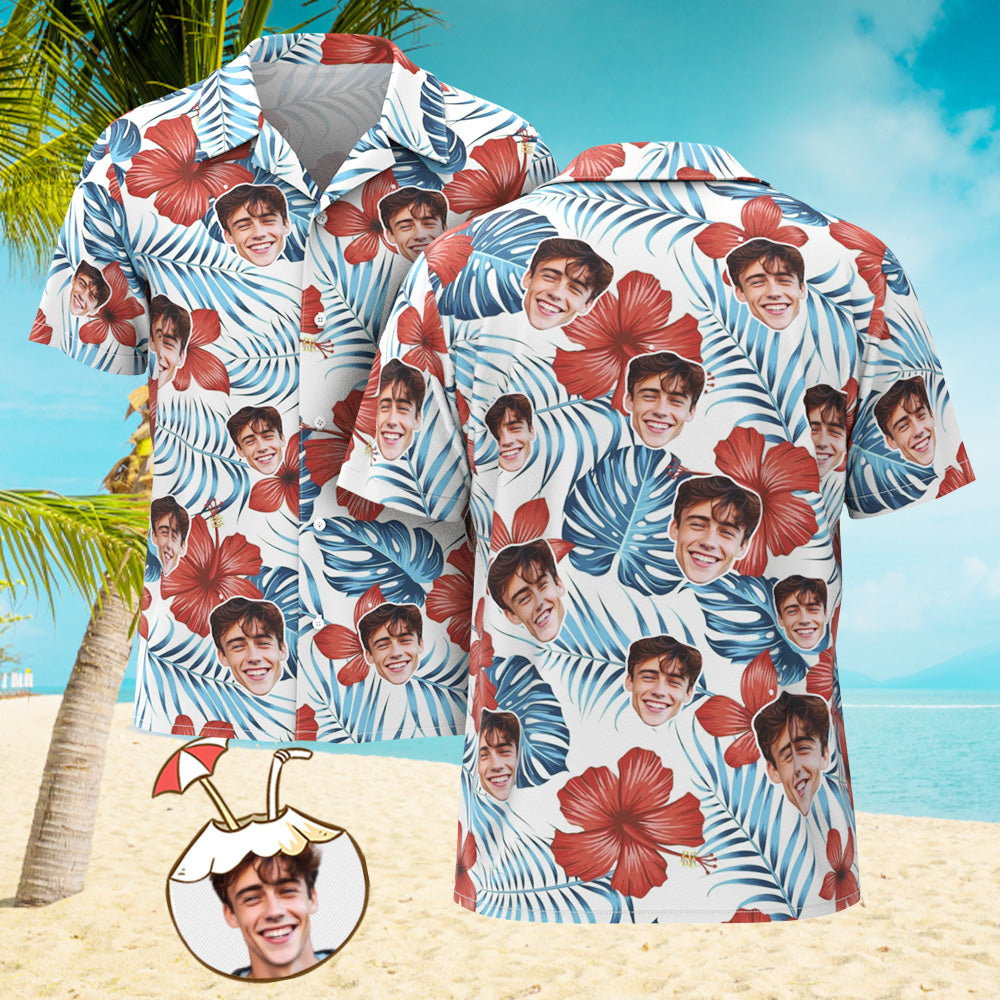 Custom Men's Shirt Face All Over Print Hawaiian Shirt White Hibiscus