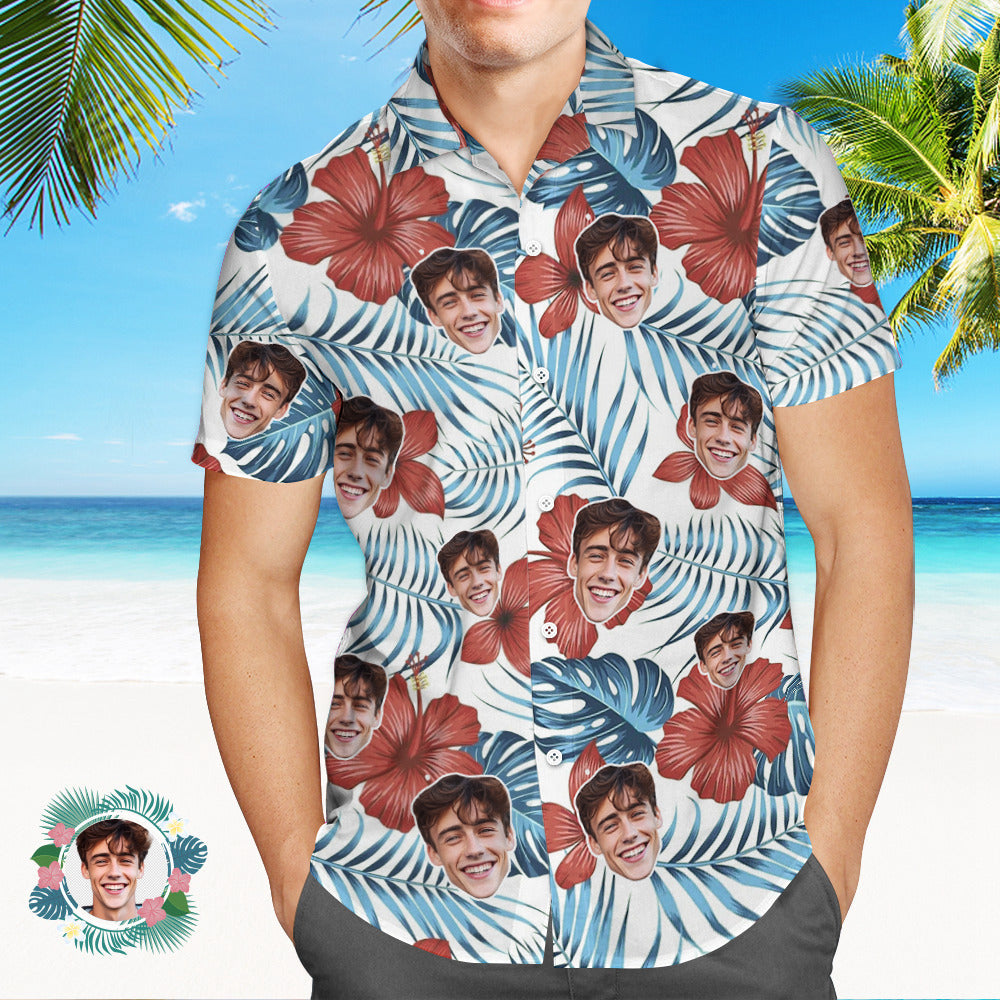 Custom Men's Shirt Face All Over Print Hawaiian Shirt White Hibiscus