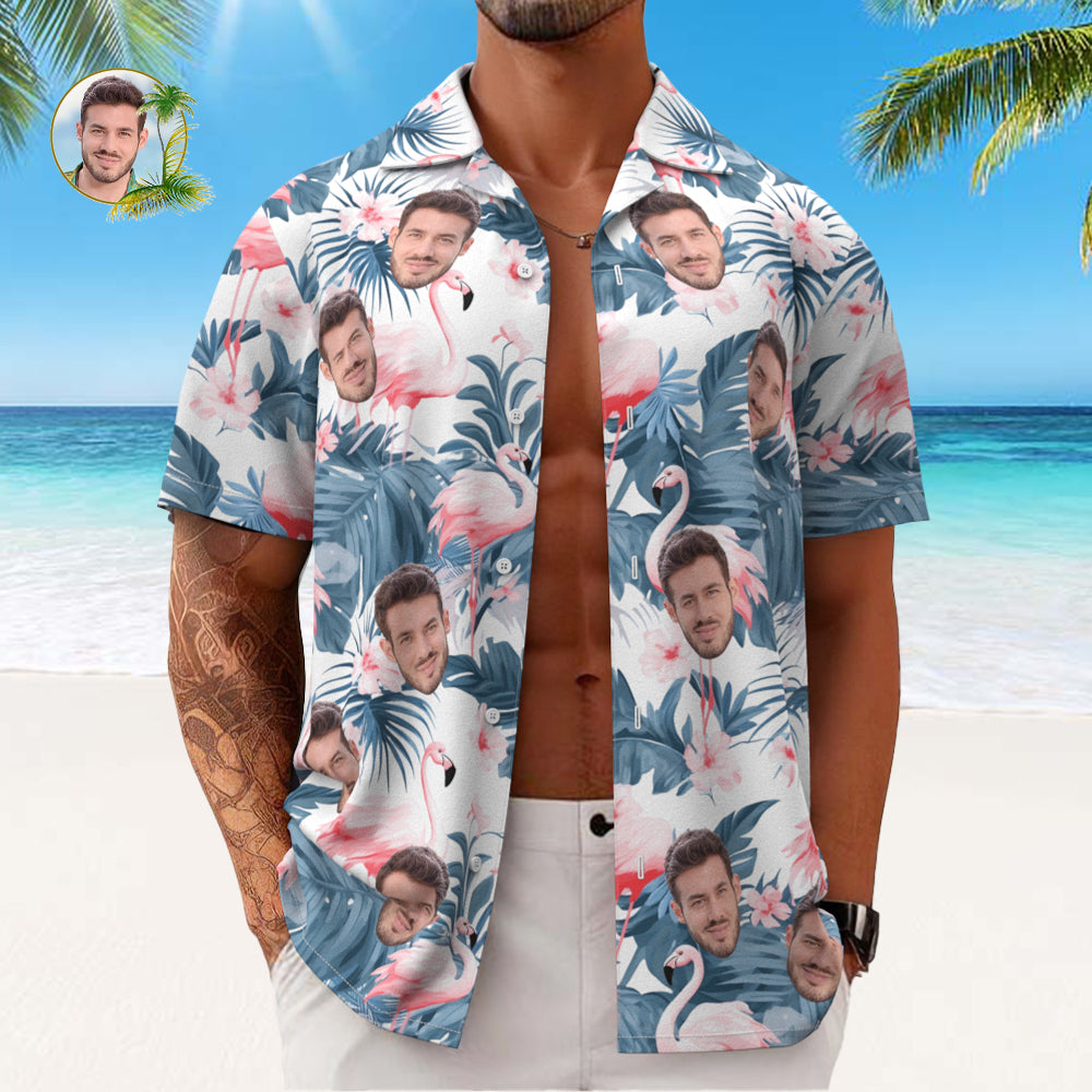 Custom Face All Over Print Men's Hawaiian Shirt Flamingo and Flowers Blue Leaves
