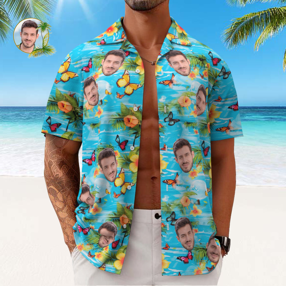 Custom Face All Over Print Men's Hawaiian Shirt Butterflies Yellow Flowers and Leaves