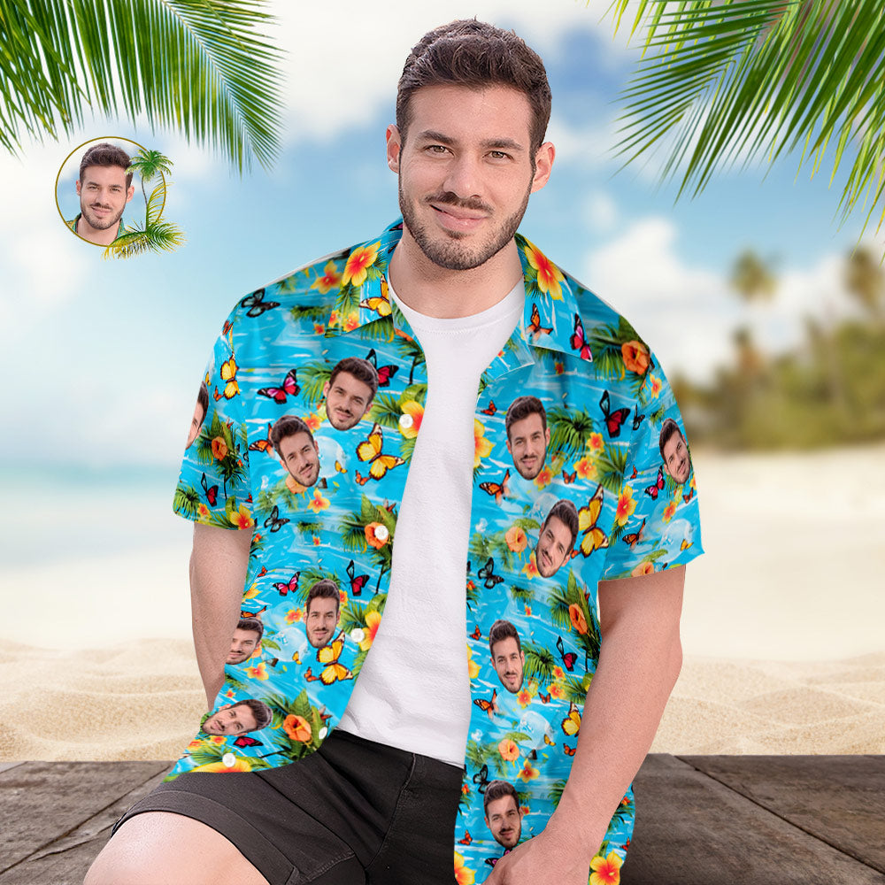 Custom Face All Over Print Men's Hawaiian Shirt Butterflies Yellow Flowers and Leaves