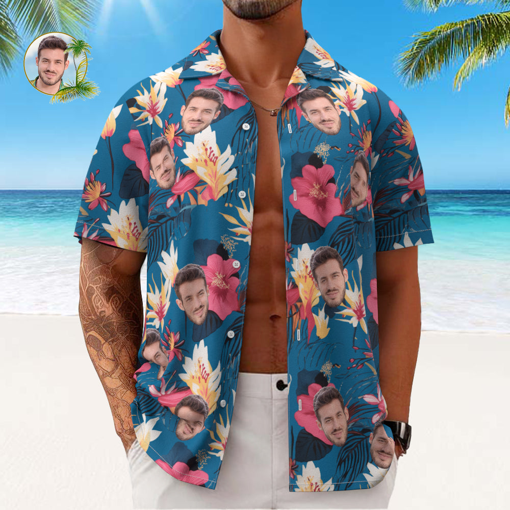 Custom Face All Over Print Men's Hawaiian Shirt Pink Flowers and Monstera Deliciosa
