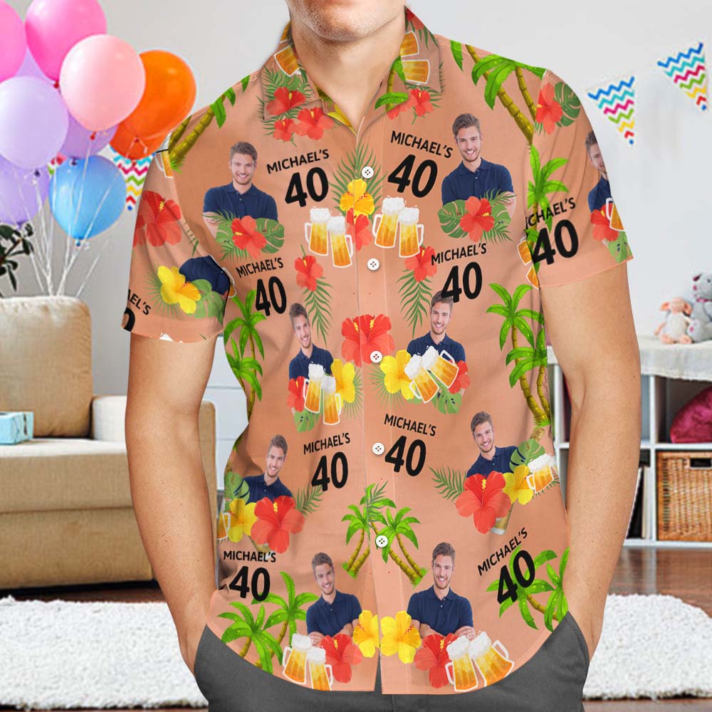 Custom Date and Name Face Hawaiian Shirt Birthday Hawaiian Shirt Red Flower and Palm Tree Shirt