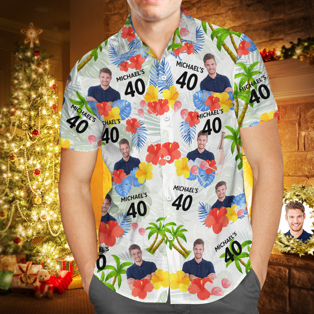 Custom Date and Name Birthday Face Hawaiian Shirt Red Flower and Palm Tree Hawaiian Shirt
