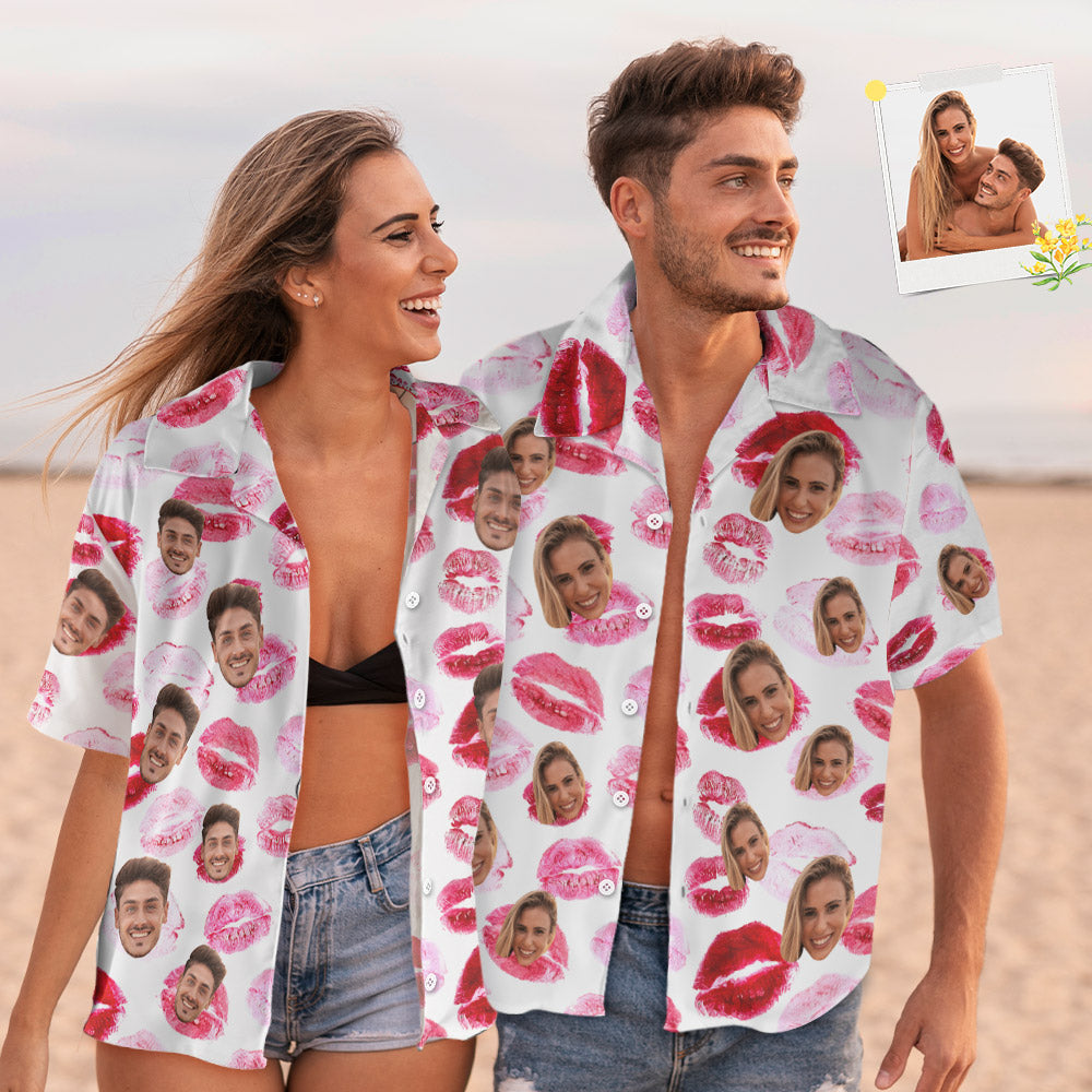 Custom Face Hawaiian Style Red lips Personalized Shirt Couple Outfit