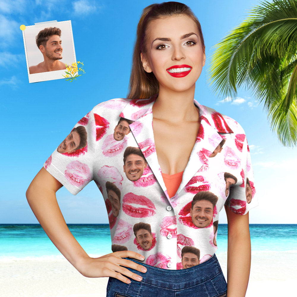 Custom Face Hawaiian Shirt for Women Personalized Women's Photo Hawaiian Shirt Gift for Her - Red lips