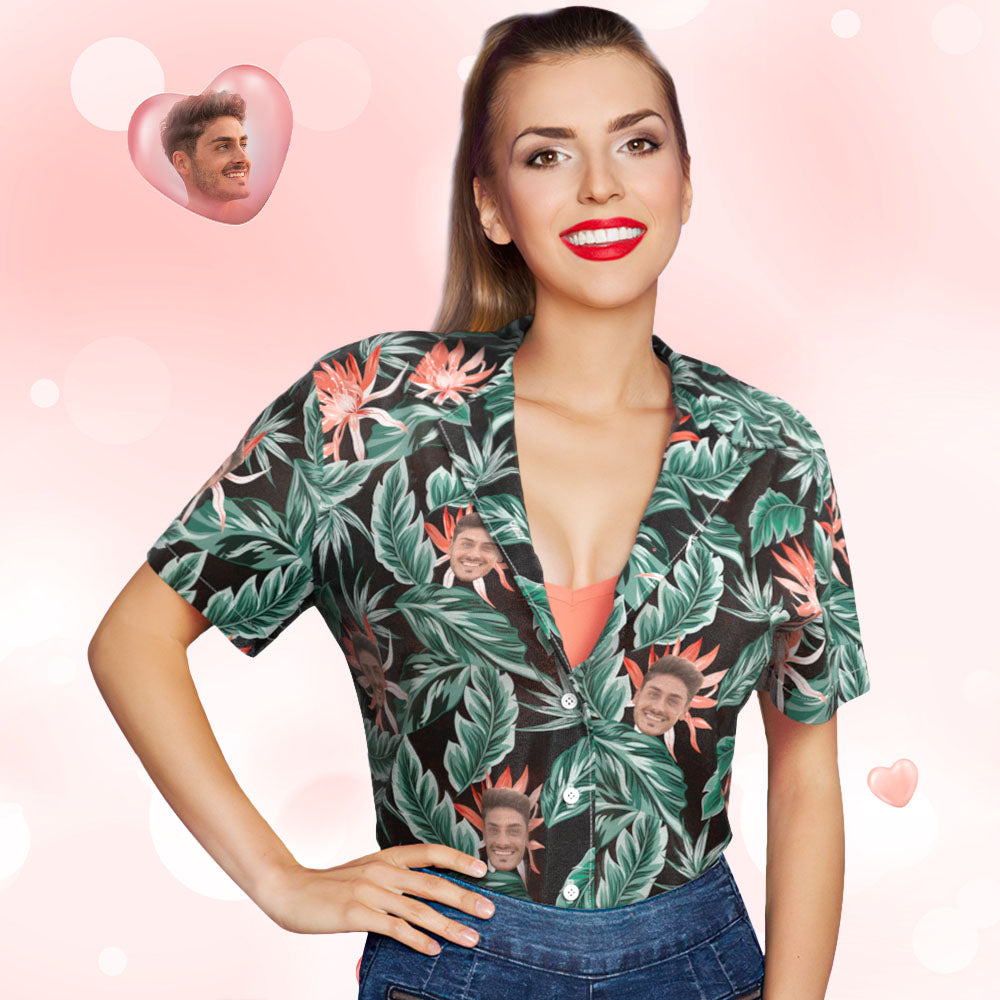 Custom Face Polo Shirts Personalized Women Photo Shirt Green Leaves Gift For Her