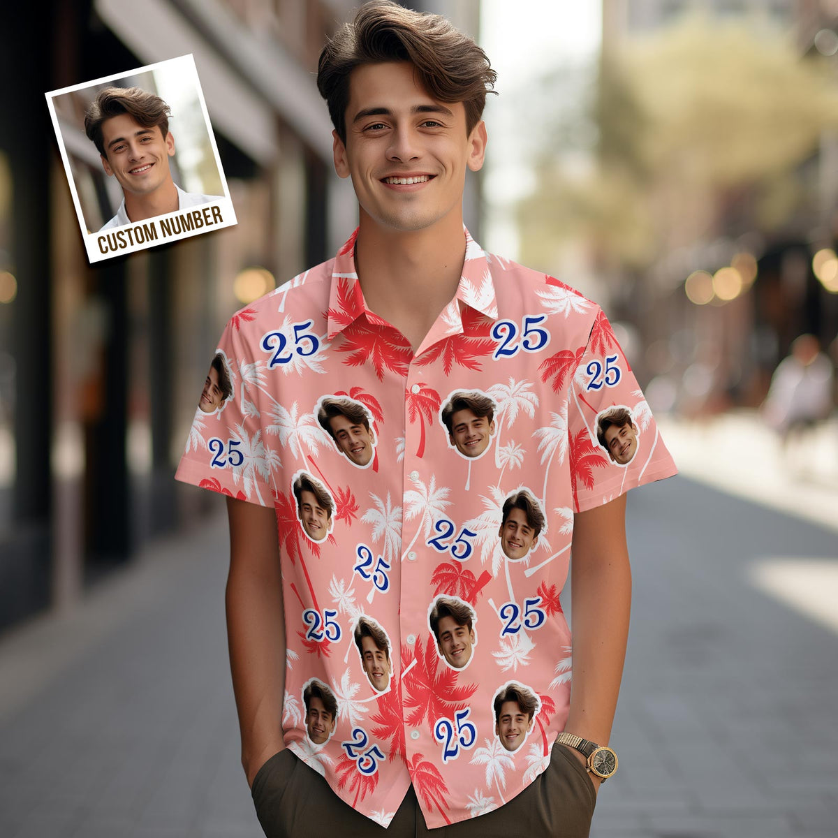 Custom Face And Number Father's Day Birthday Present Hawaiian Shirts Red And White Coconut Tree Shirts for Dad