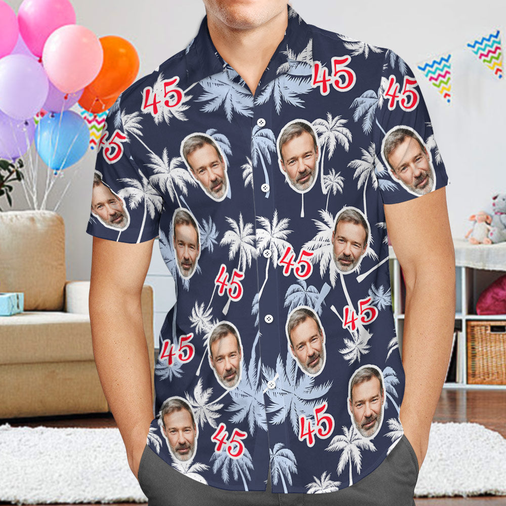 Custom Face And Number Birthday Hawaiian Shirts Father's Day Birthday Present Red And White Coconut Tree Shirt