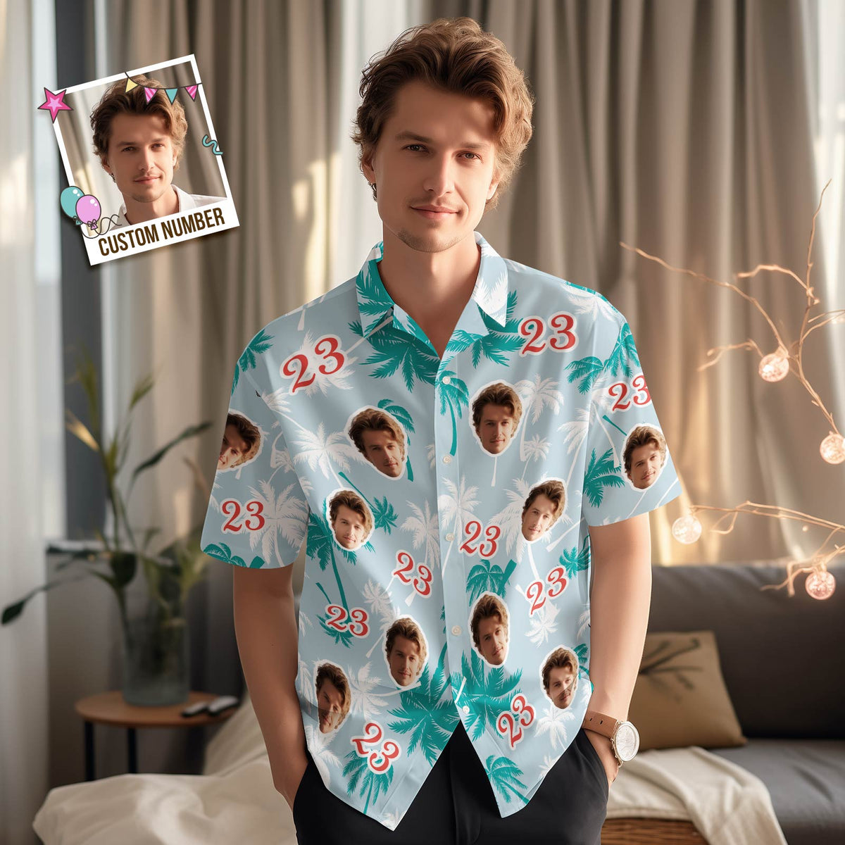 Custom Face And Number Birthday Hawaiian Shirts Coconut Tree Shirt