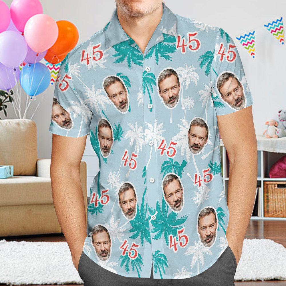 Custom Face And Number Father's Day Birthday Present Hawaiian Shirts Red And White Coconut Tree Shirts for Dad