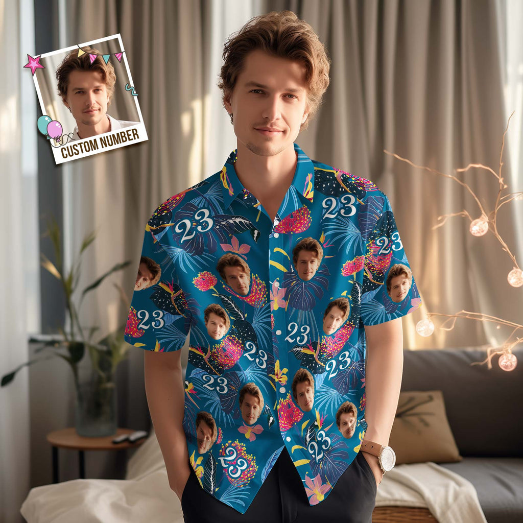 Custom Face Hawaiian Shirt Number and Face Hawaiian Shirt Dark Blue Sleeves and Pink Flowers
