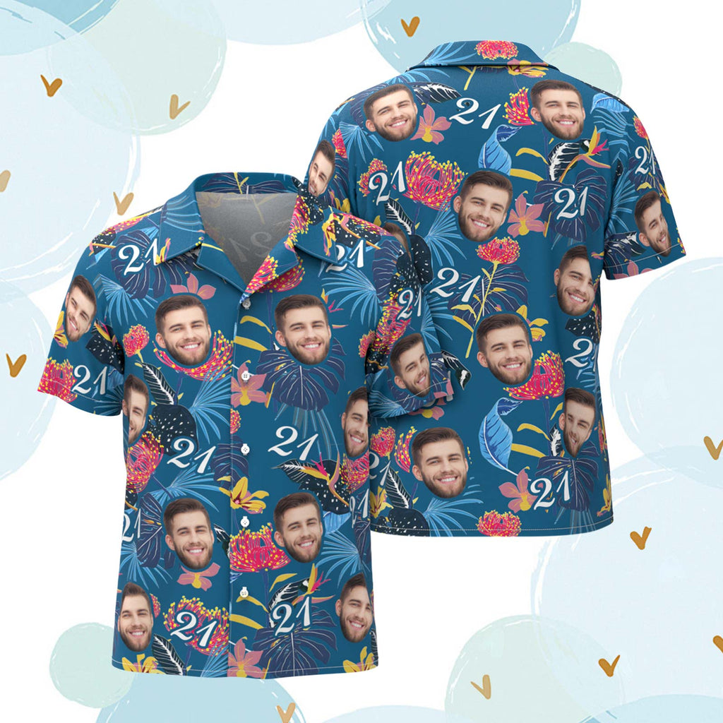Custom Face Hawaiian Shirt Father's Day Birthday Present Number and Face Hawaiian Shirt for Dad