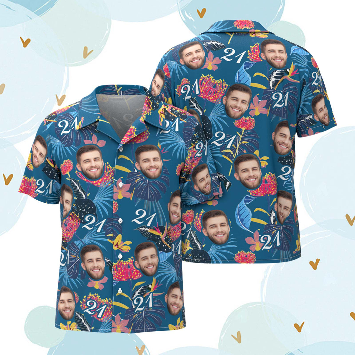 Custom Face Hawaiian Shirt Number and Face Hawaiian Shirt Dark Blue Sleeves and Pink Flowers