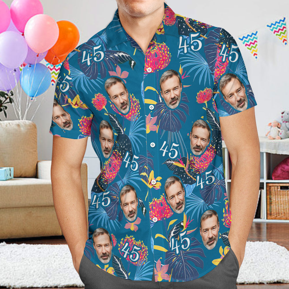 Custom Face Hawaiian Shirt Father's Day Birthday Present Number and Face Hawaiian Shirt for Dad