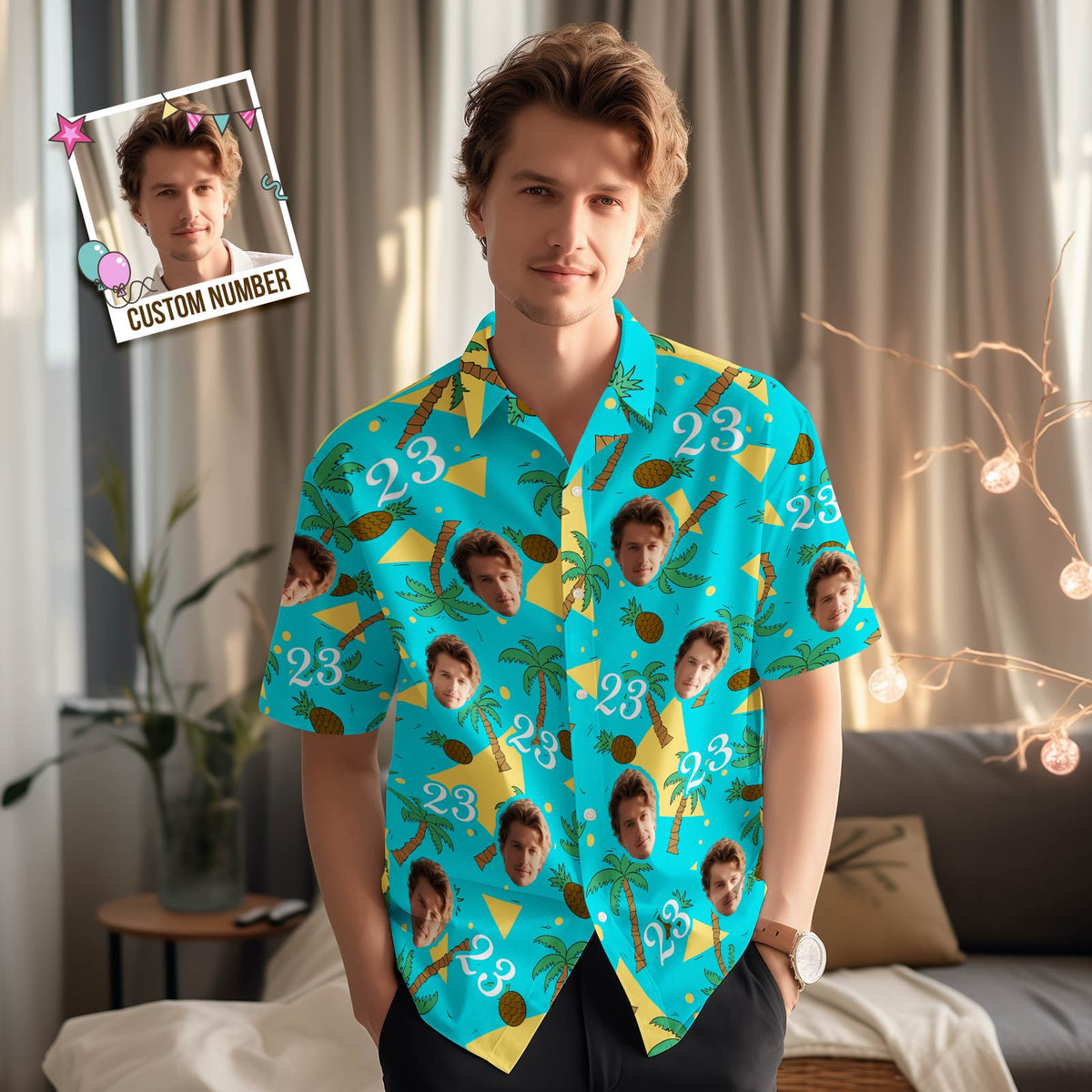 Custom Multi-color Face and Numbers Hawaiian Shirt Coconut Tree and Pineapple Gifts