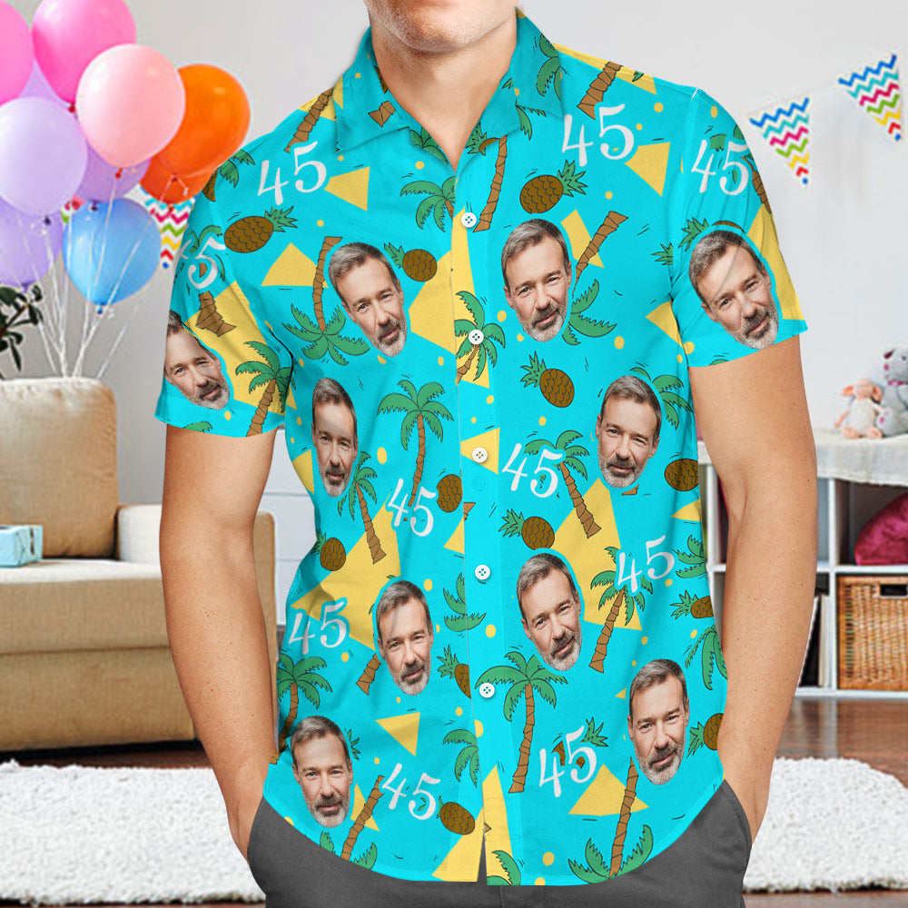 Custom Face and Numbers Hawaiian Shirt Father's Day Birthday Present Coconut Tree and Pineapple Gifts