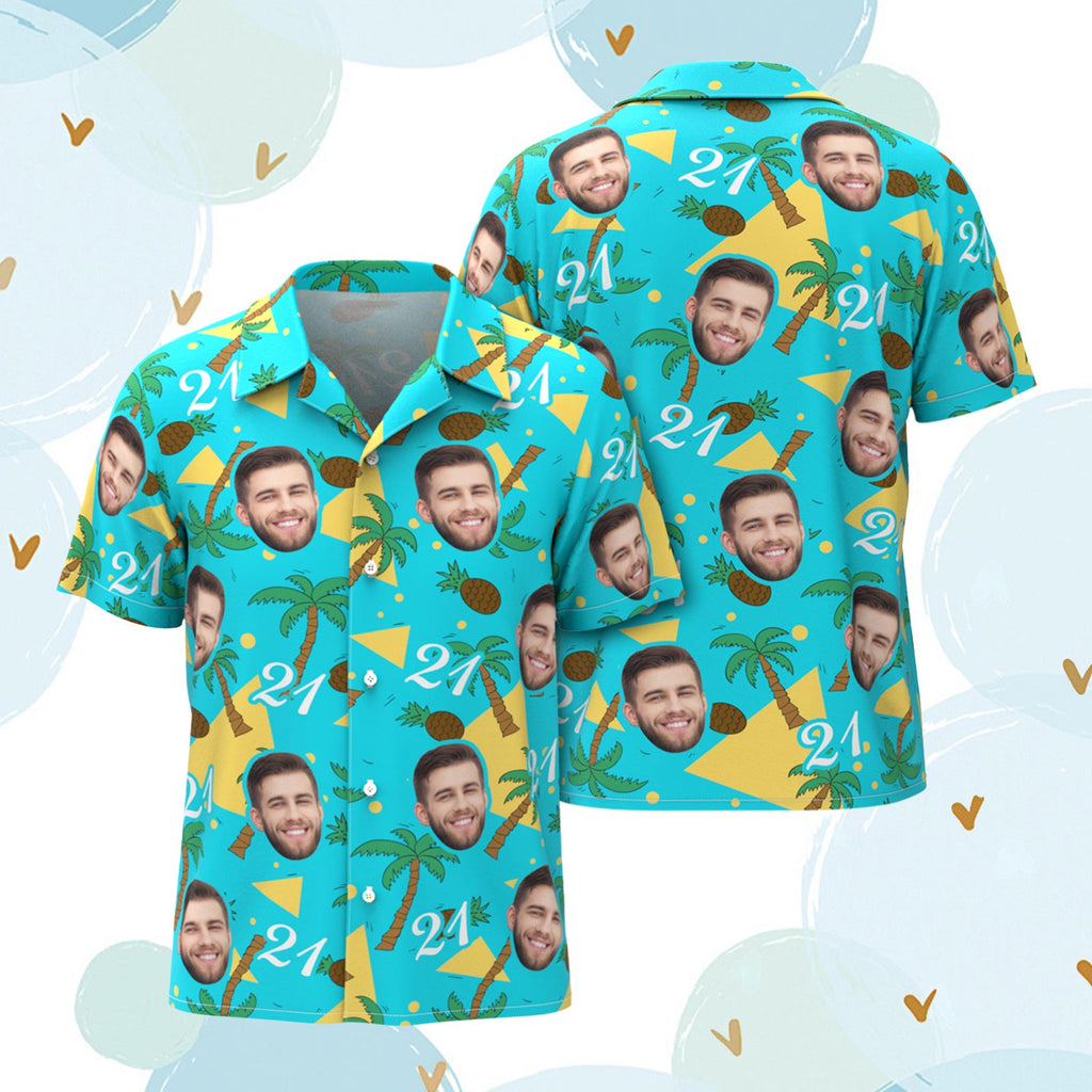 Custom Multi-color Face and Numbers Hawaiian Shirt Coconut Tree and Pineapple Gifts