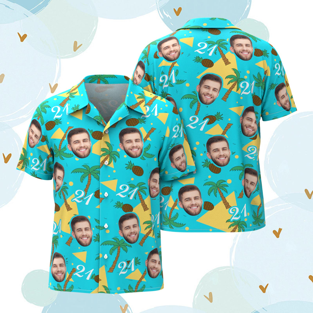 Custom Multi-color Face and Numbers Hawaiian Shirt Coconut Tree and Pineapple Gift