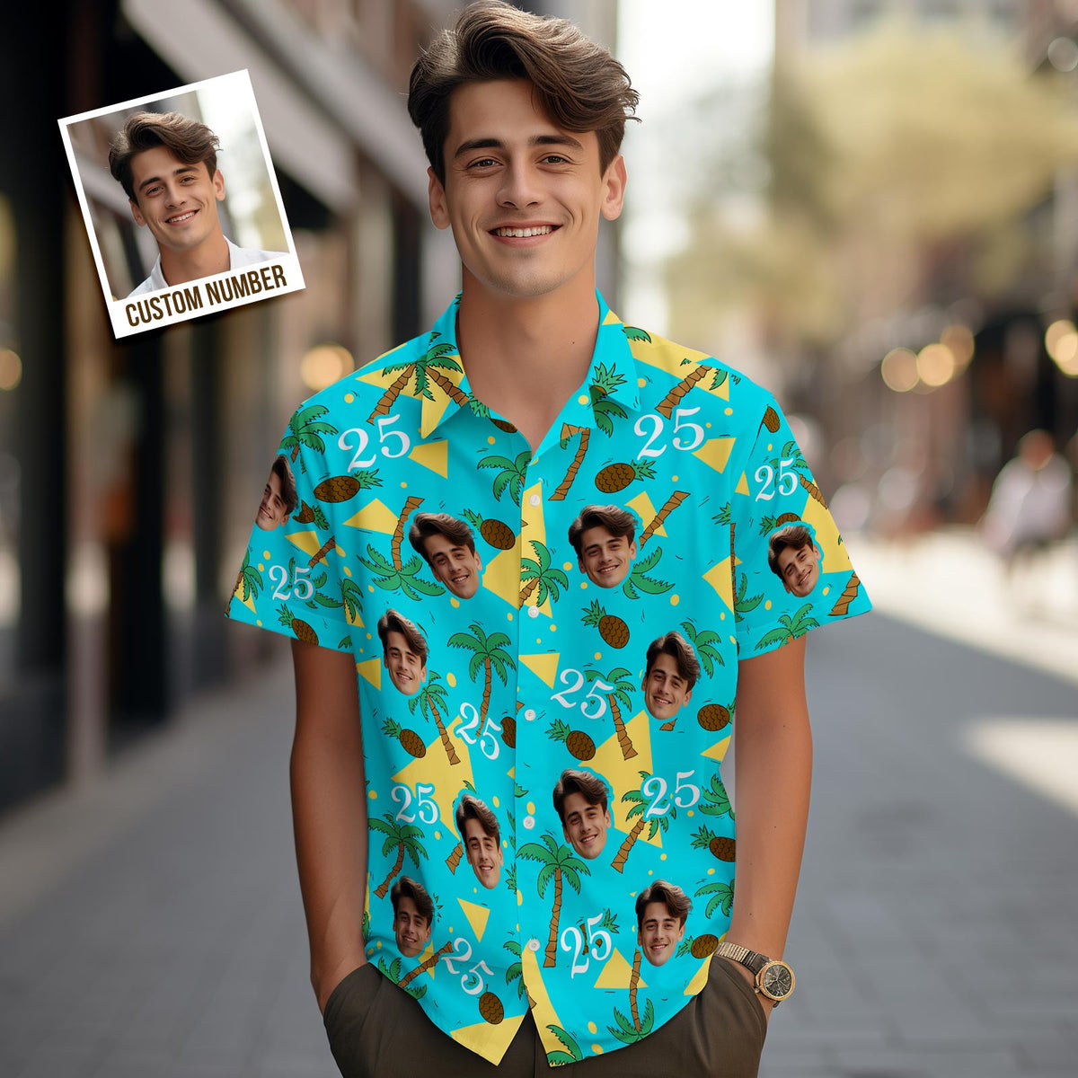 Custom Multi-color Face and Numbers Hawaiian Shirt Coconut Tree and Pineapple Gift