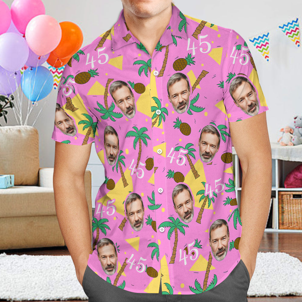 Custom Face and Numbers Hawaiian Shirt Father's Day Birthday Present Coconut Tree and Pineapple Gifts