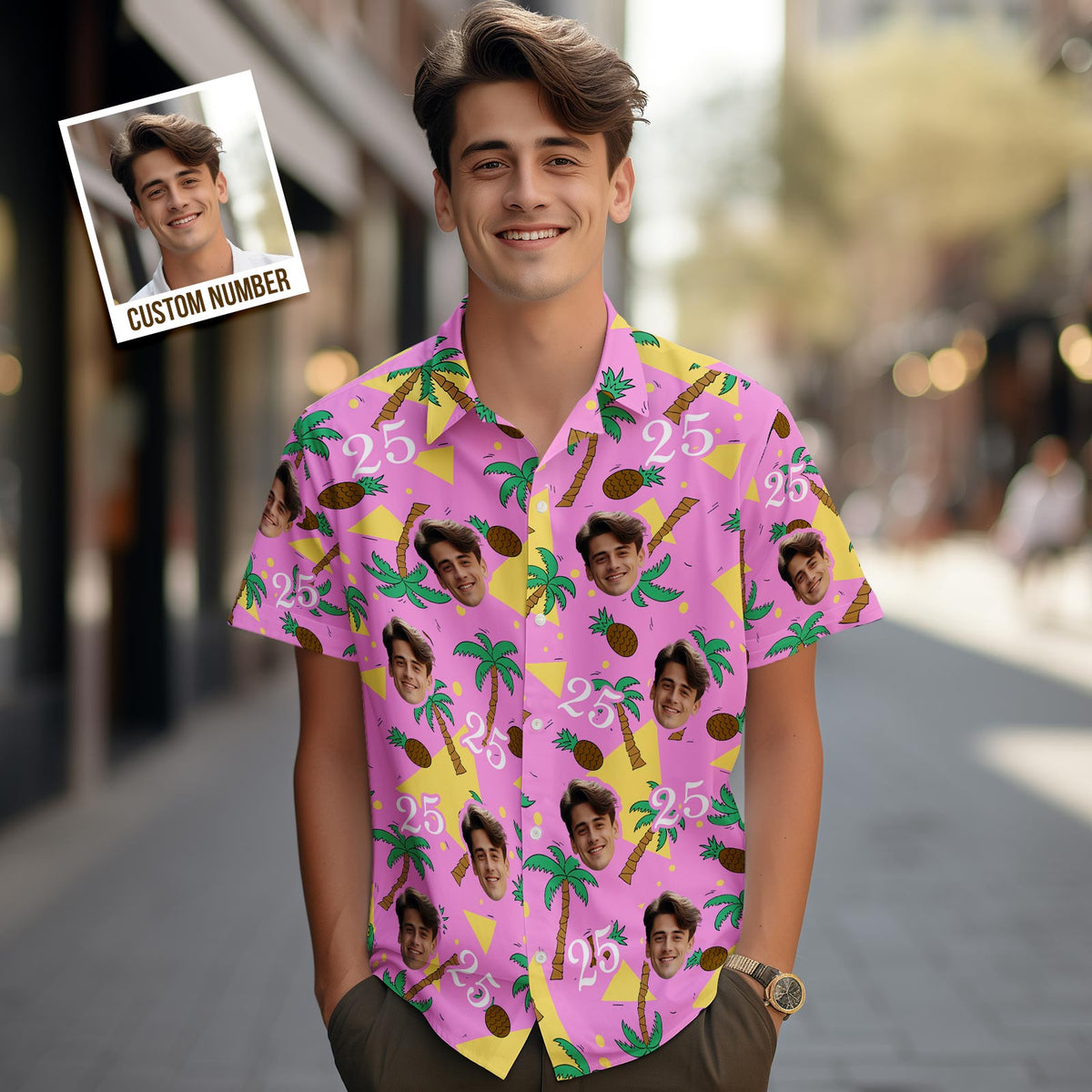 Custom Multi-color Face and Numbers Hawaiian Shirt Coconut Tree and Pineapple Gifts