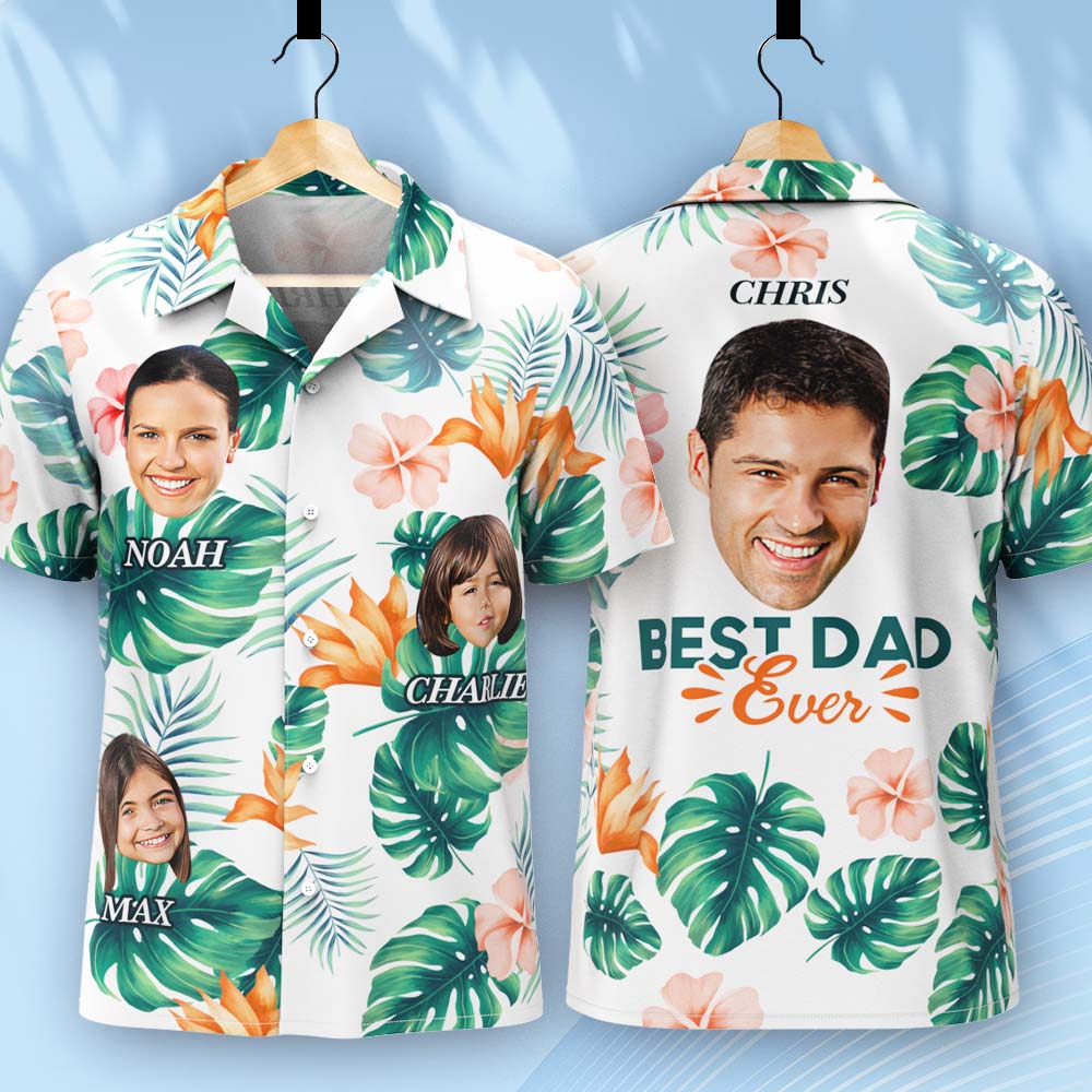 Custom Multi Photo Face And Text Hawaiian Shirt With Palm Leaves And Colorful Flowers