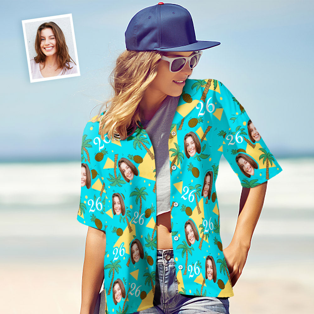 Custom Multi-color Face And Numbers Hawaiian Shirt Coconut Tree And Pineapple Birthday Gift For Women