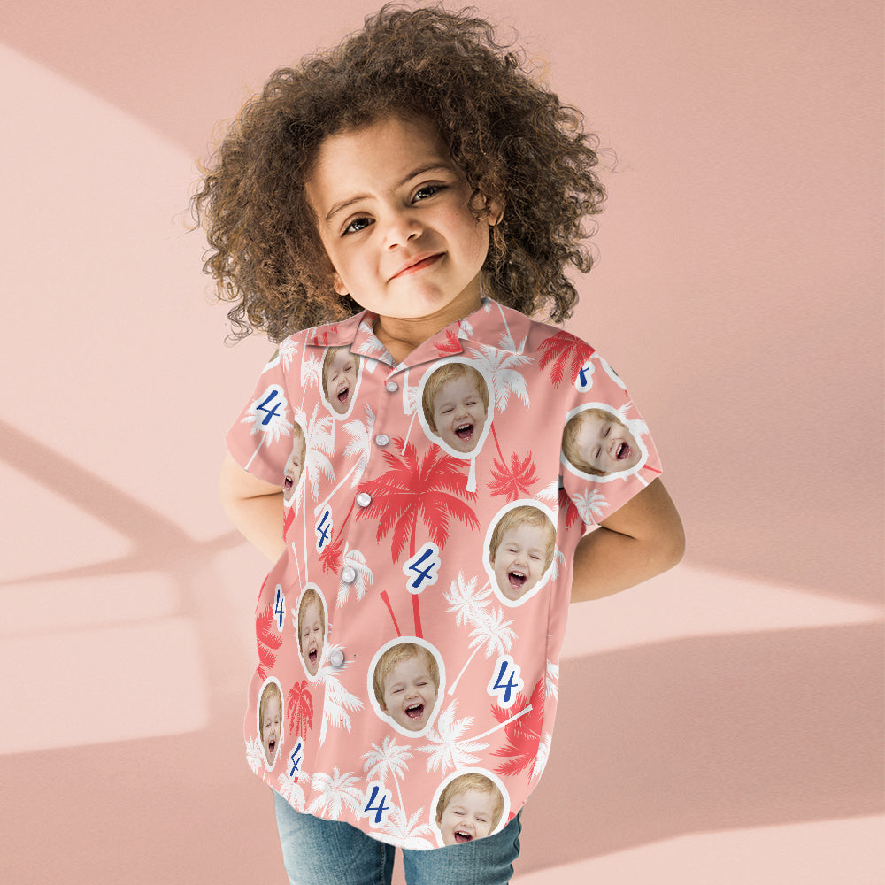 Custom Face And Number Kid's Birthday Hawaiian Shirts Red And White Coconut Tree Shirts Birthday Gift