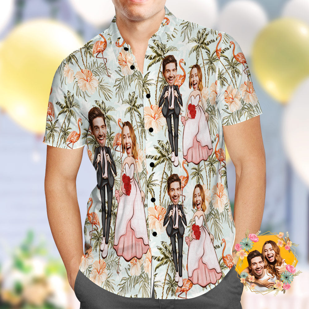 Custom Hawaiian Shirt Personalized Flamingo and Coconut Trees Wedding Hawaiian Shirt Group Wedding Uniforms