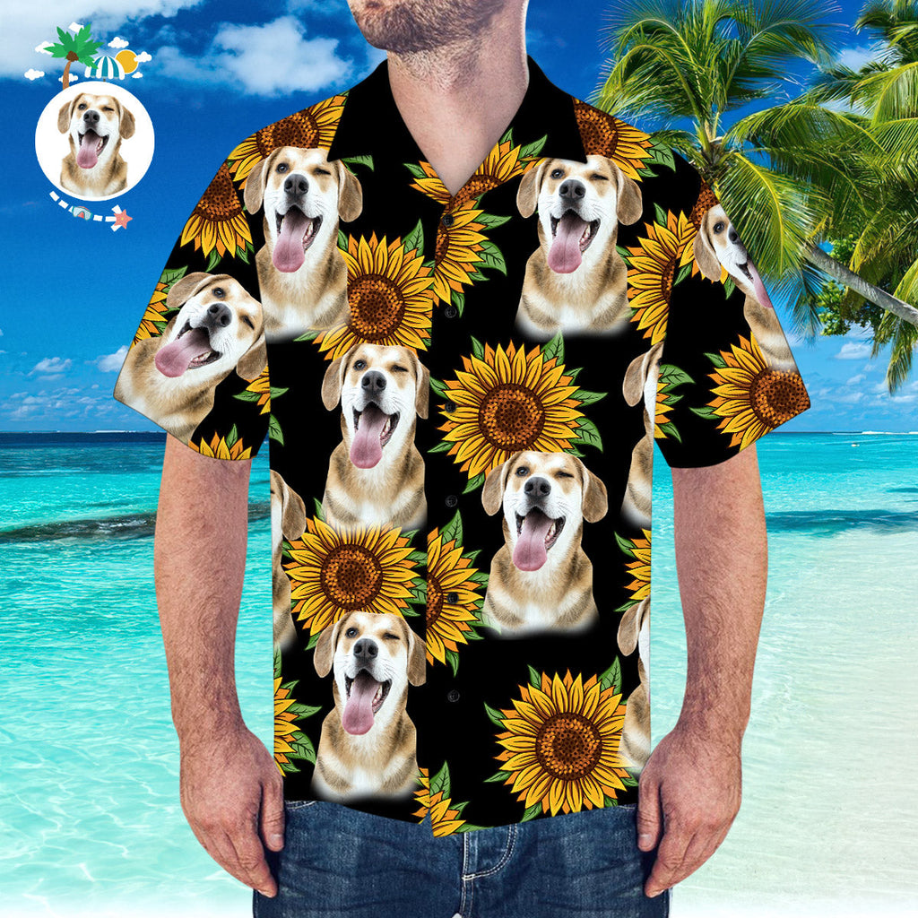 Custom Hawaiian Shirt with Husband Face Sunflower & Leaves Shirt for Beach Party
