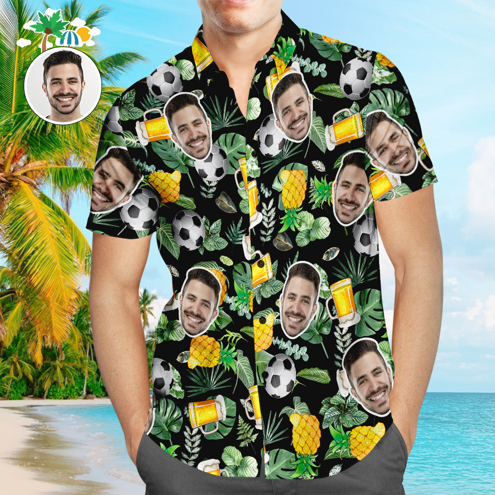 Custom Face Soccer Pattern Hawaiian Shirt Beer Pineapple Beach Shirt for Soccer Lovers