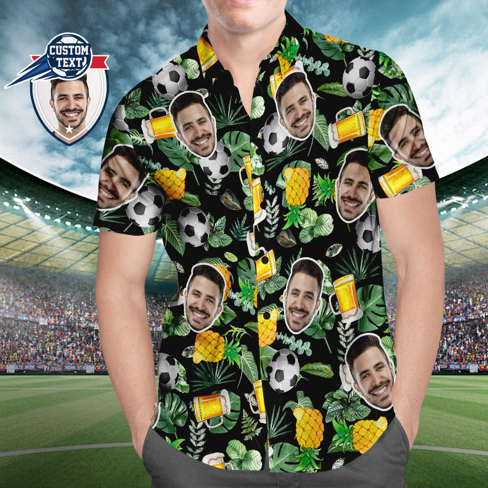 Custom Face Soccer Pattern Hawaiian Shirt Beer Pineapple Beach Shirt for Soccer Lovers