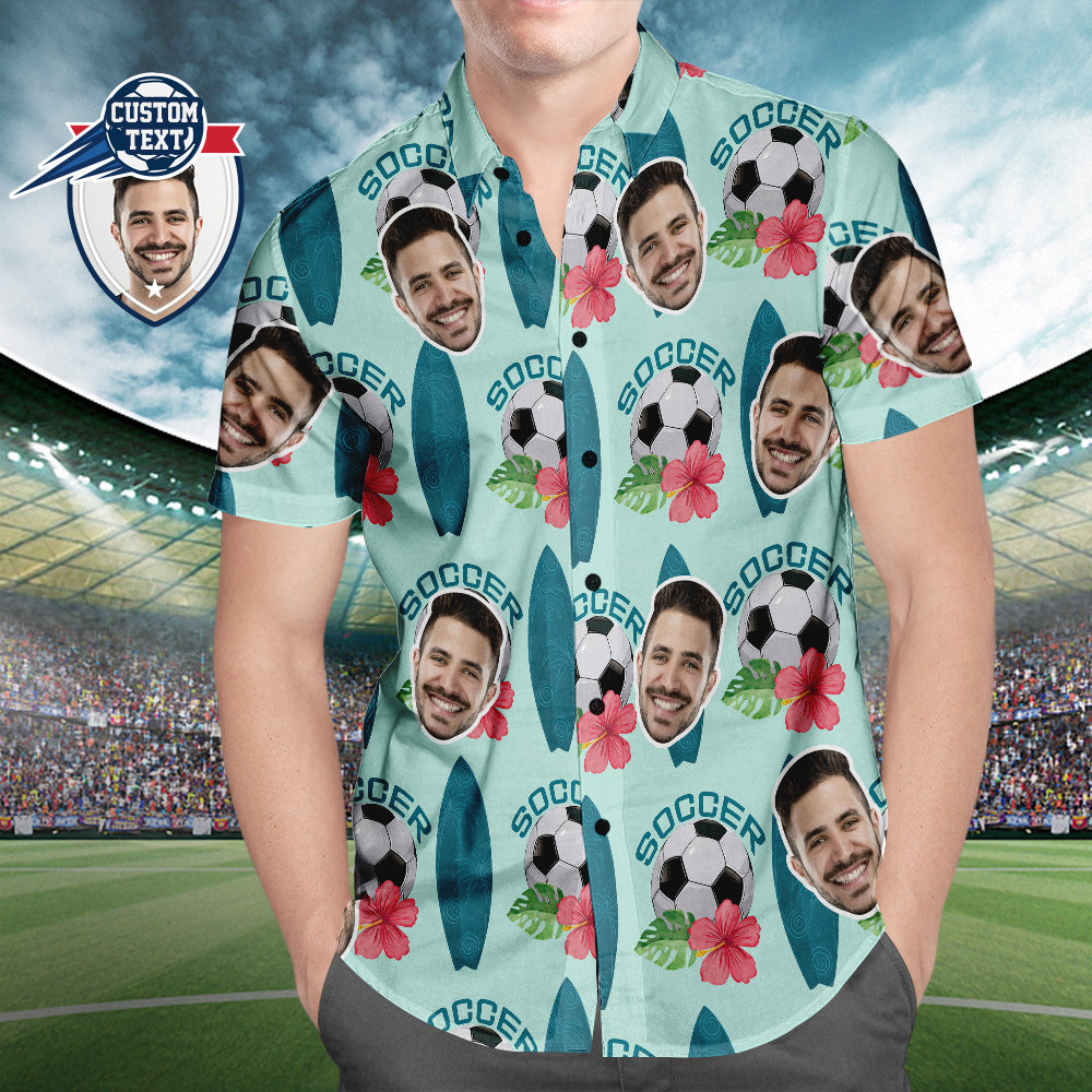 Custom Face Soccer Pattern Hawaiian Shirt Surfing Summer Hibiscus Beach Shirt for Soccer Lovers Surfing Hawaiian Style