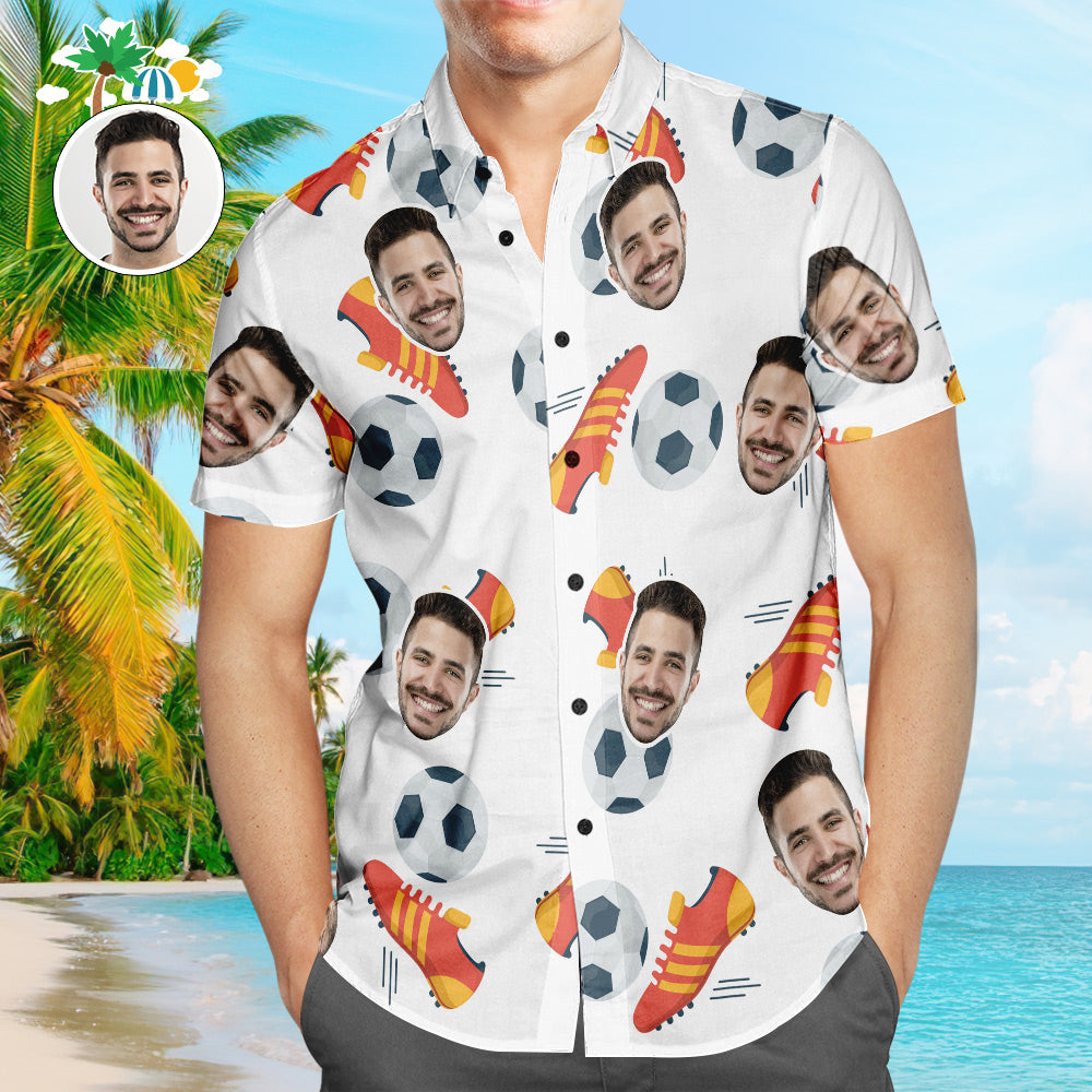 Custom Face Soccer Pattern Hawaiian Shirt Shoes Icon Beach Shirt for Soccer Lovers